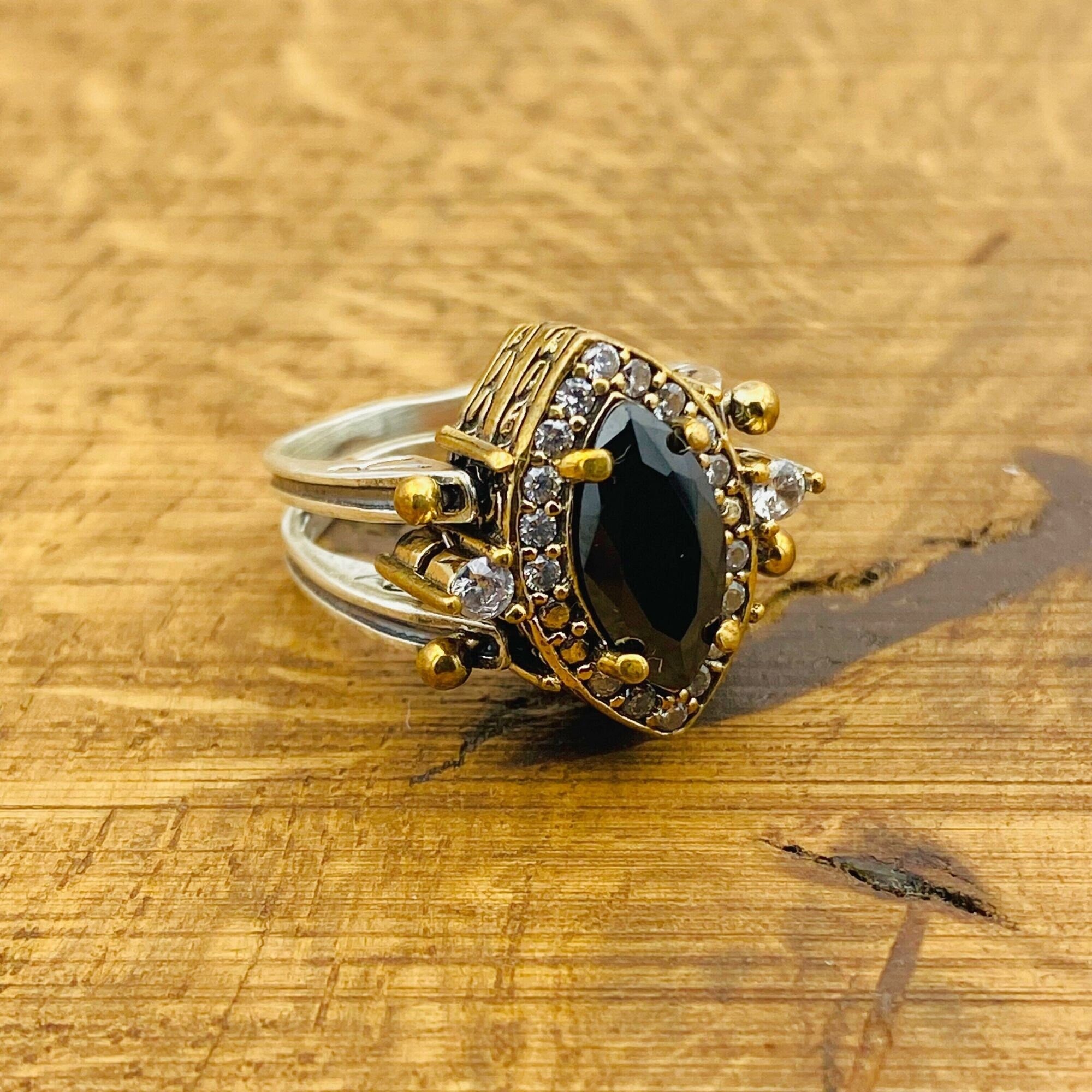 925 Sterling Silver Reversible Citrine & Onyx Gemstone Ring - Dual-Sided Versatile Design