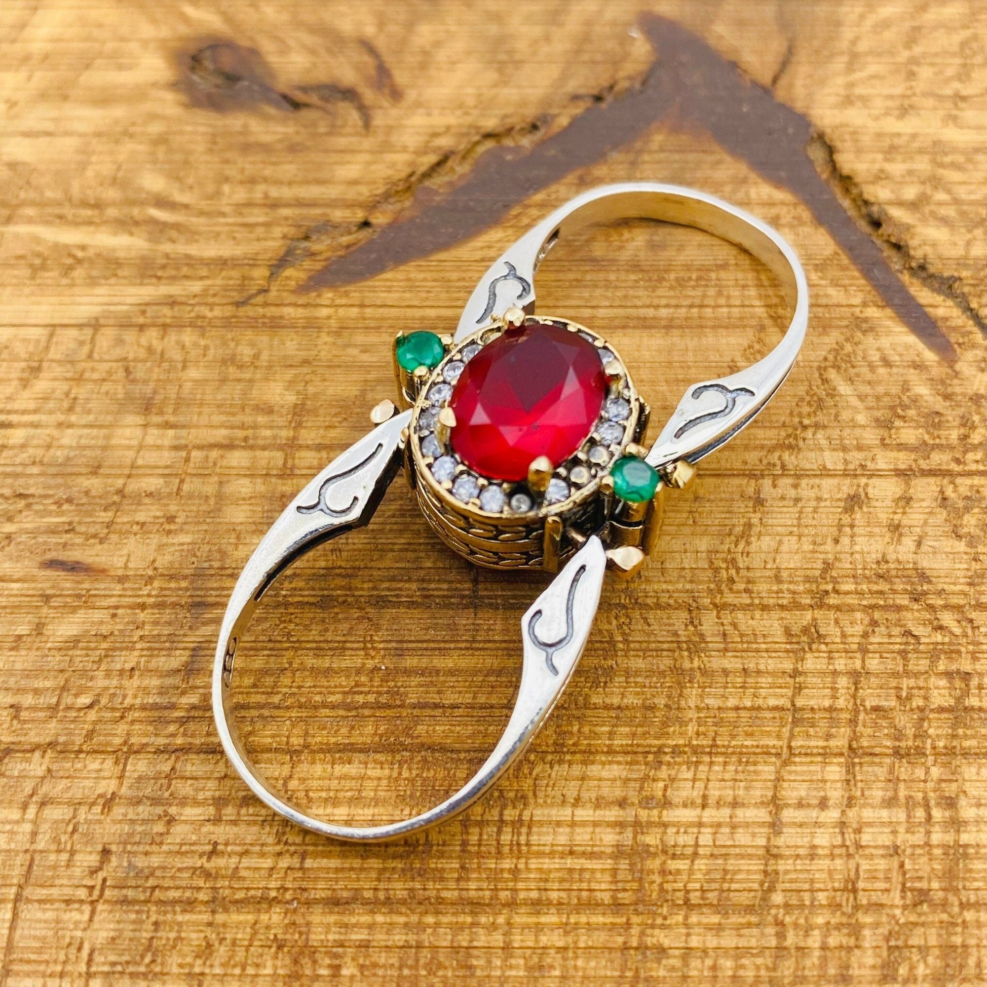 Reversible Emerald & Ruby Ring - Handcrafted 925K Sterling Silver Multi-Stone Oval Gemstone Jewelry