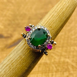 Reversible Emerald & Ruby Ring - Handcrafted 925K Sterling Silver Multi-Stone Oval Gemstone Jewelry