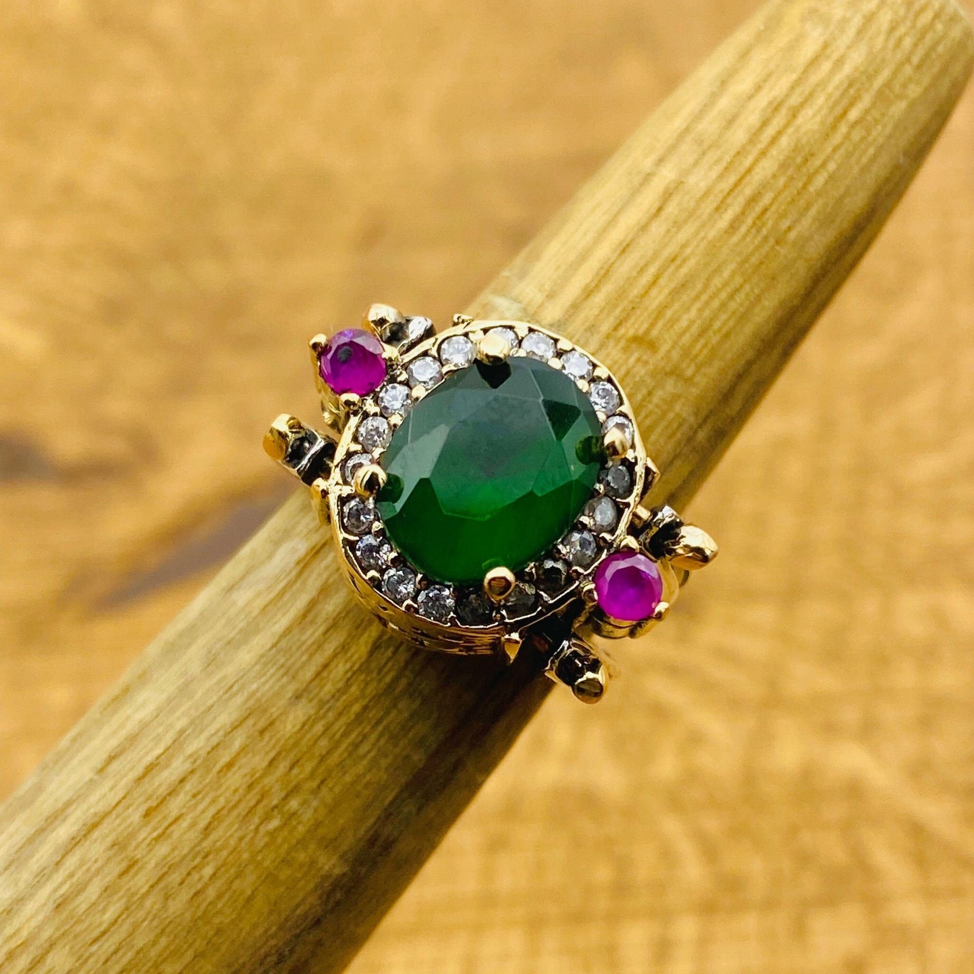 Reversible Emerald & Ruby Ring - Handcrafted 925K Sterling Silver Multi-Stone Oval Gemstone Jewelry