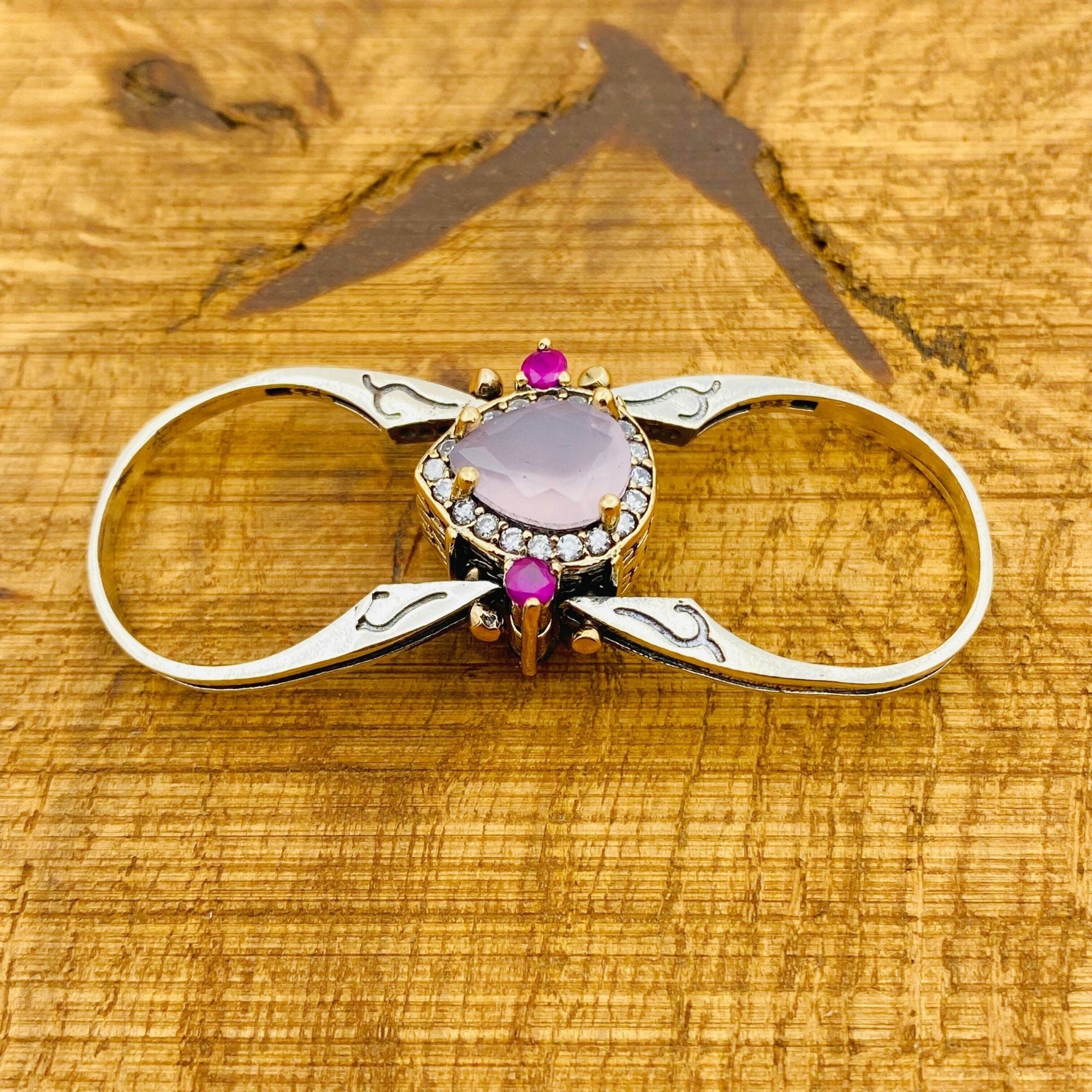 خاتم عكسي يدوي الصنع فاخر | كوارتز وردي وتركيواز فضة استرلينية 925 هدية لها