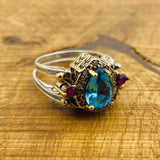 Handcrafted 925 Sterling Silver Reversible Ring with Aquamarine & Ruby Gemstones
