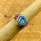 Handcrafted 925 Sterling Silver Reversible Ring with Aquamarine & Ruby Gemstones