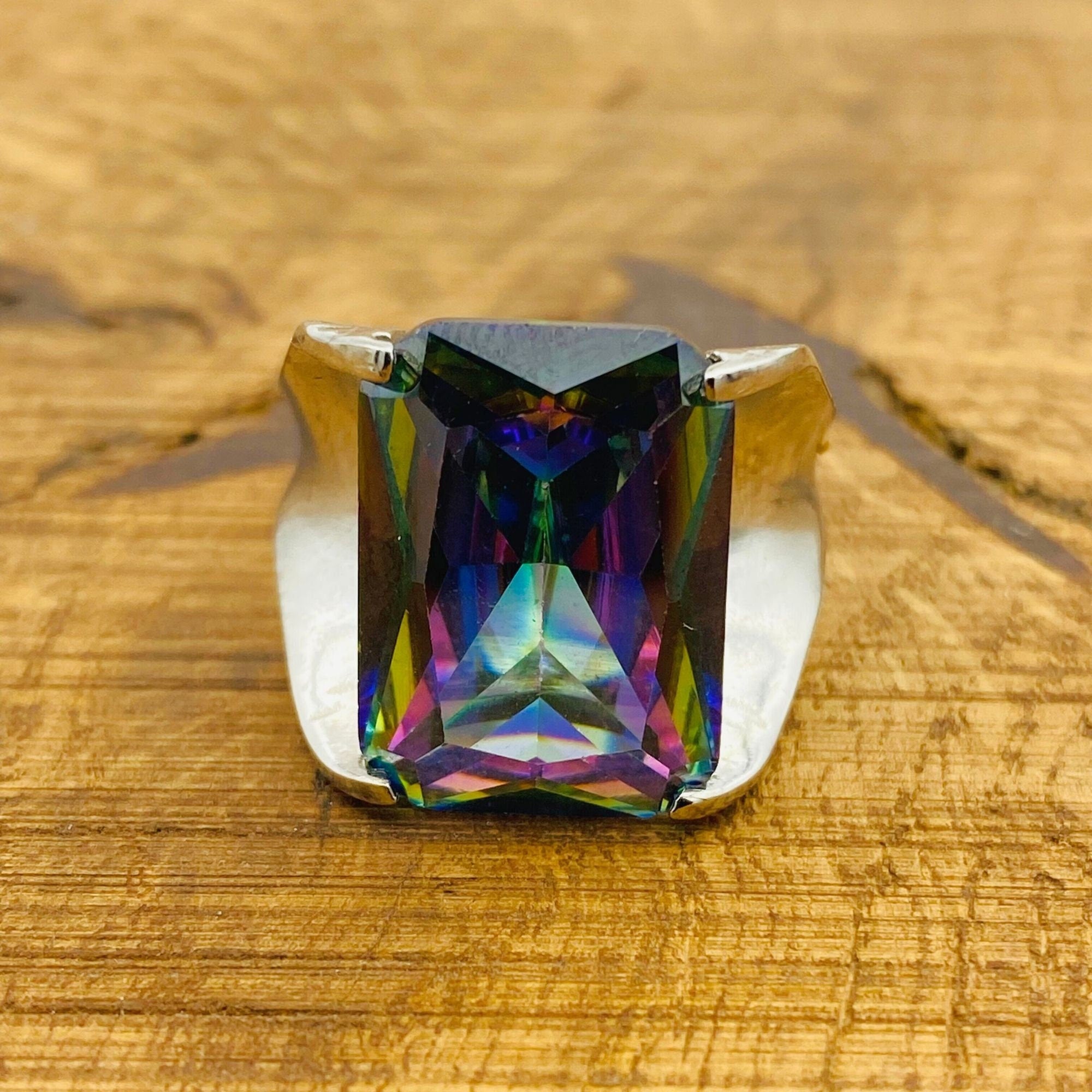 Genuine Mystic Topaz Stacking Ring | Handcrafted 925 Sterling Silver for Women | Unique Big Stone Gift