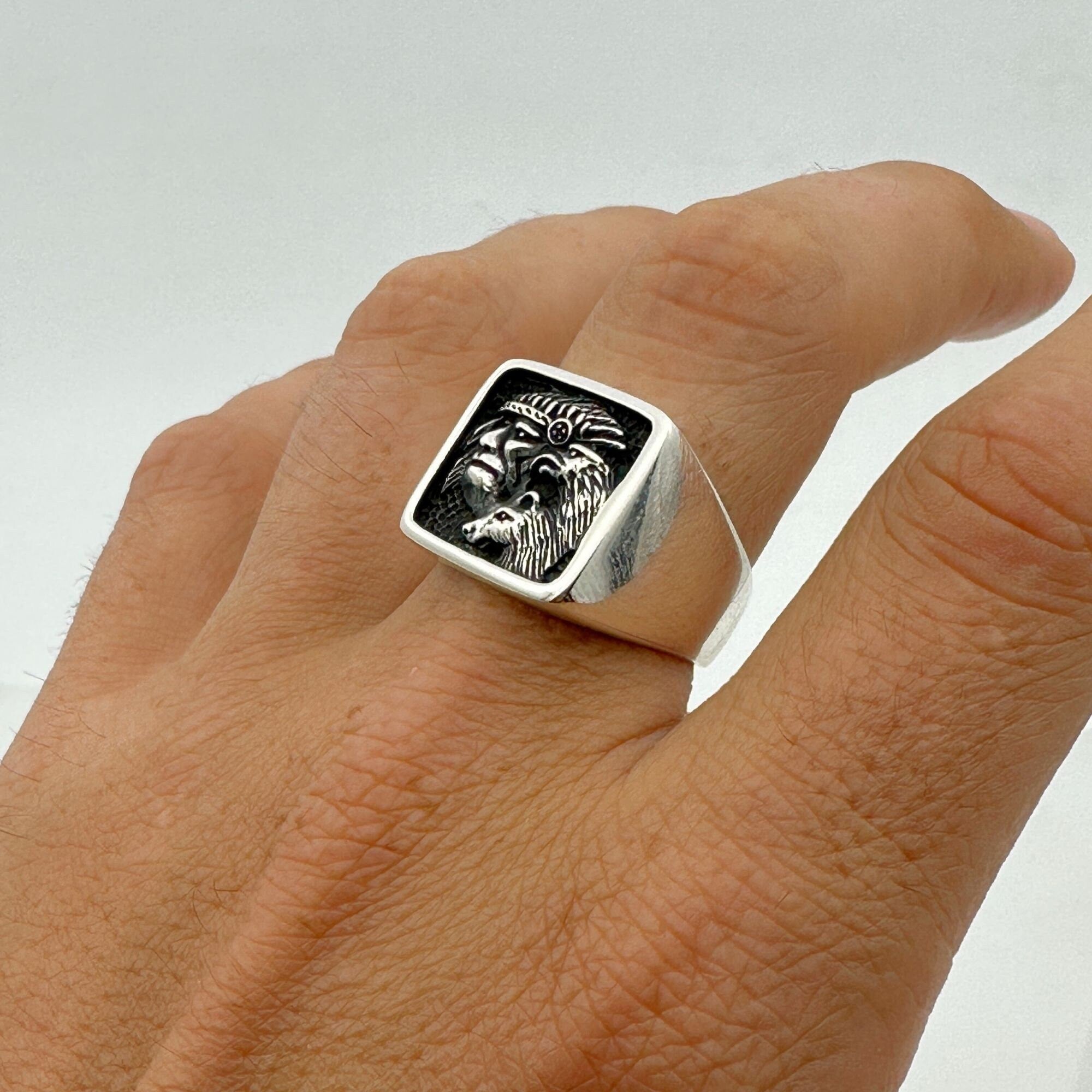Authentic Hand-Engraved Native American Chief 925 Sterling Silver Ring for Men - Heritage Gift Jewelry