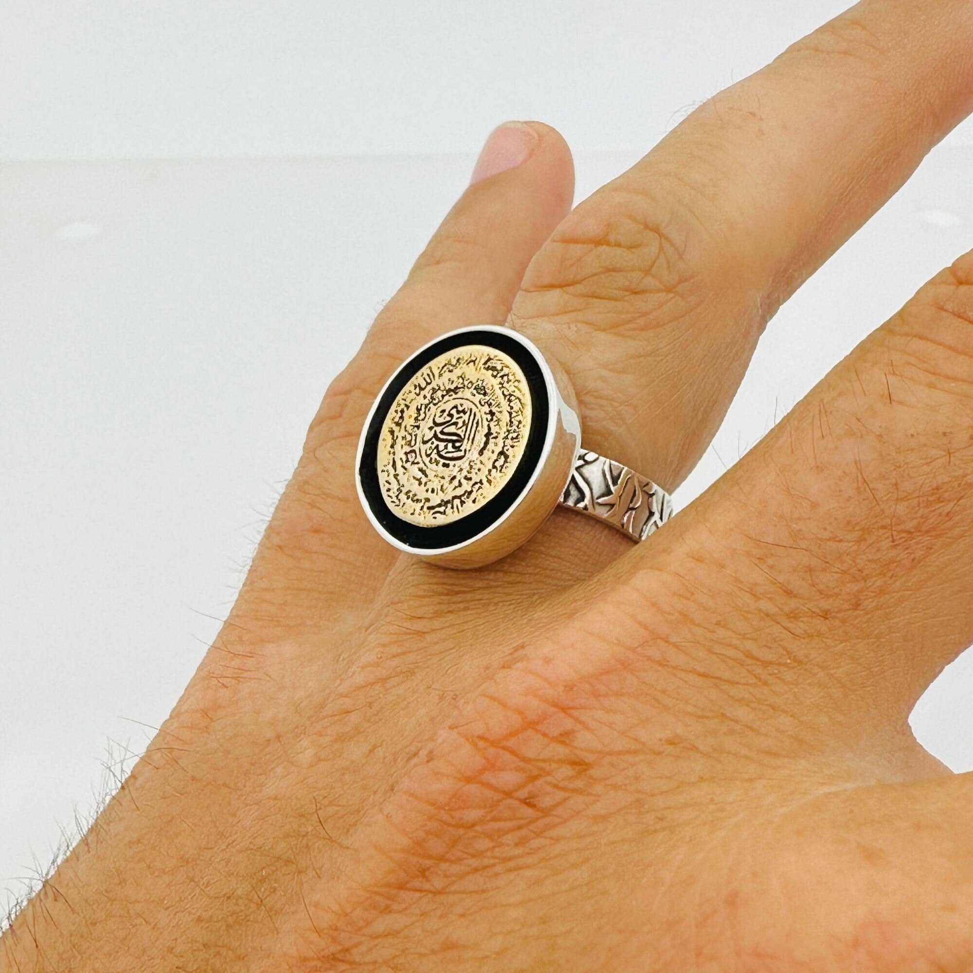 Handmade 925 Sterling Silver Men's Islamic Ring with Engraved Arabic Stone - Religious Jewelry Gift