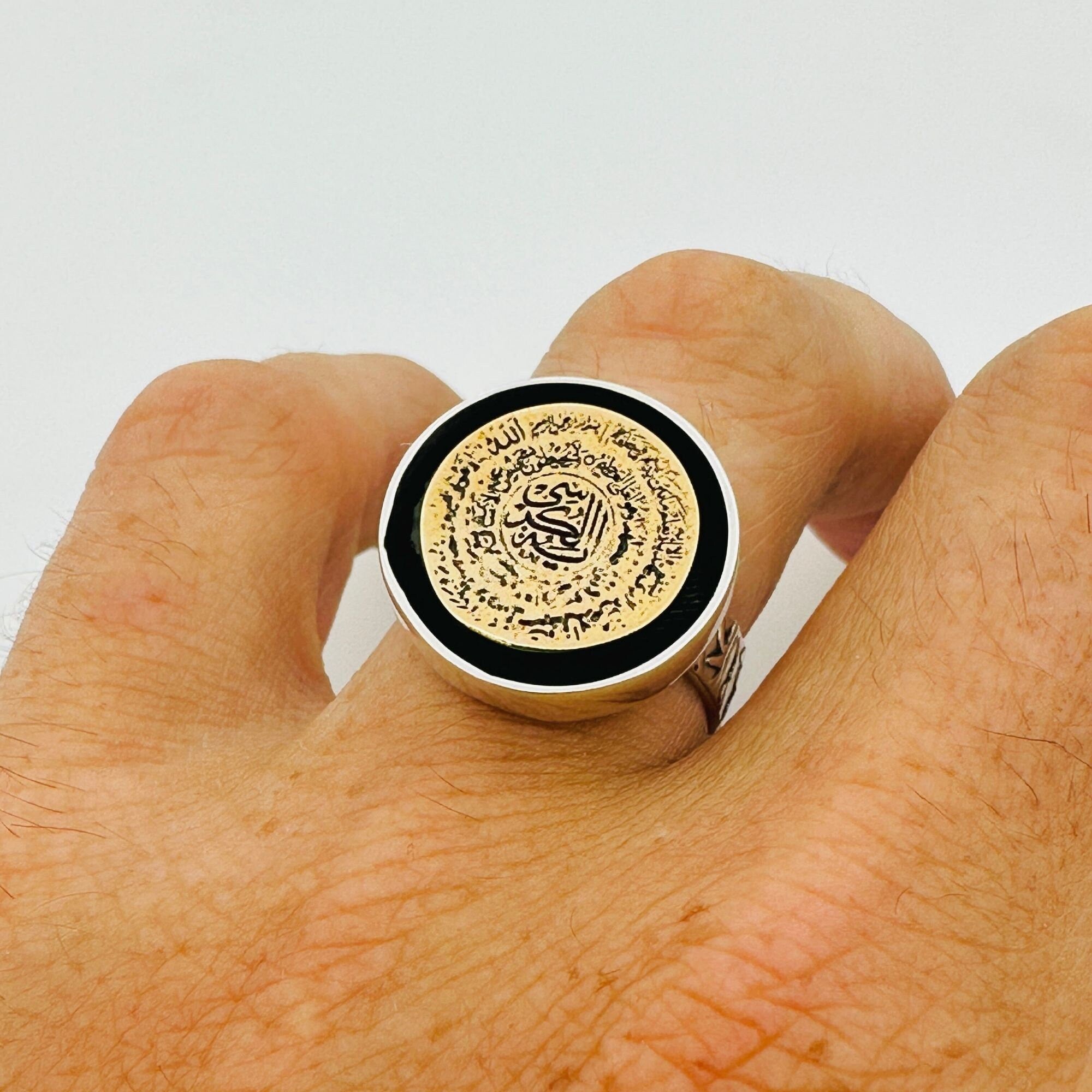 Handmade 925 Sterling Silver Men's Islamic Ring with Engraved Arabic Stone - Religious Jewelry Gift