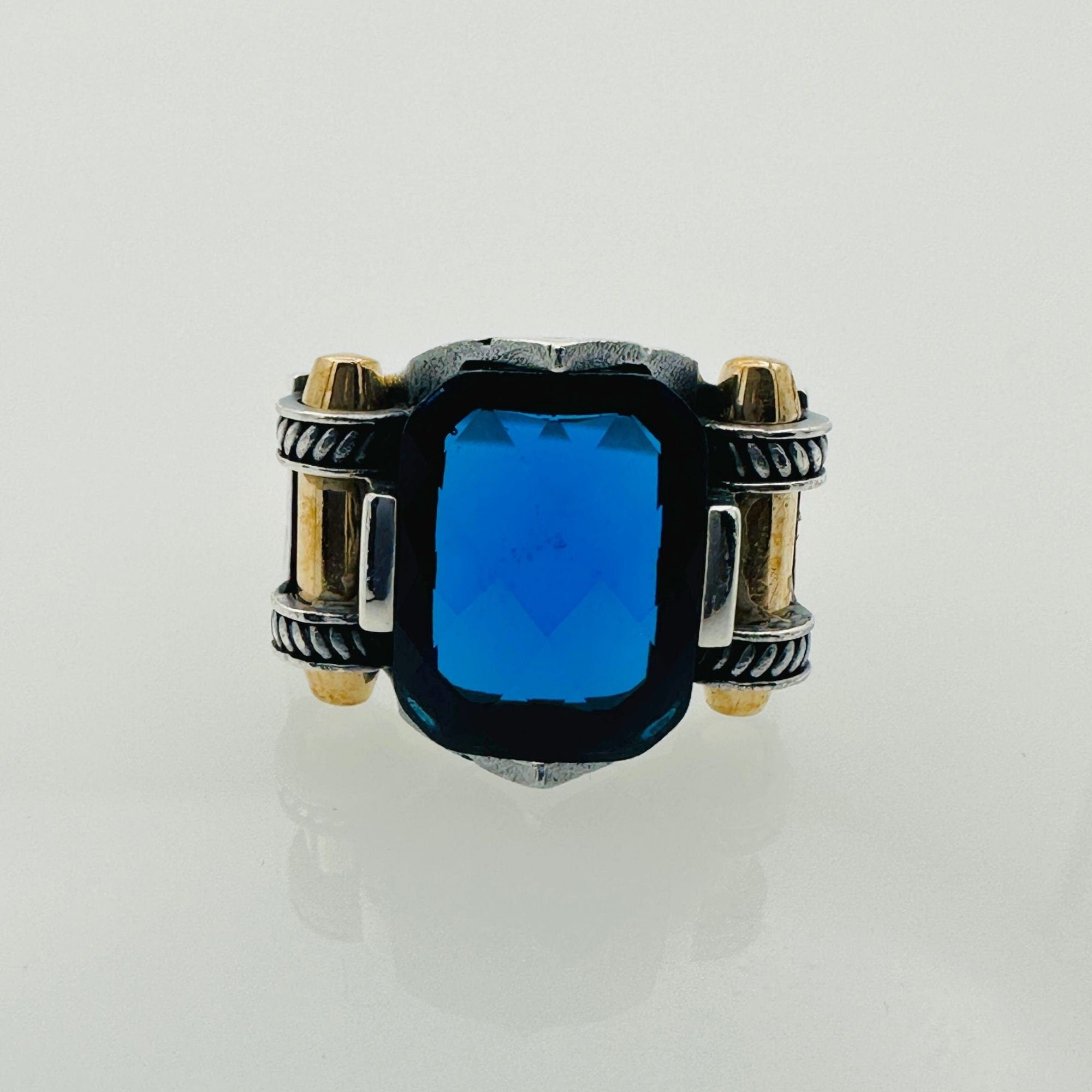 Men's Authentic Ottoman Blue Zircon 925 Sterling Silver Ring - Handmade Statement Gift for Him