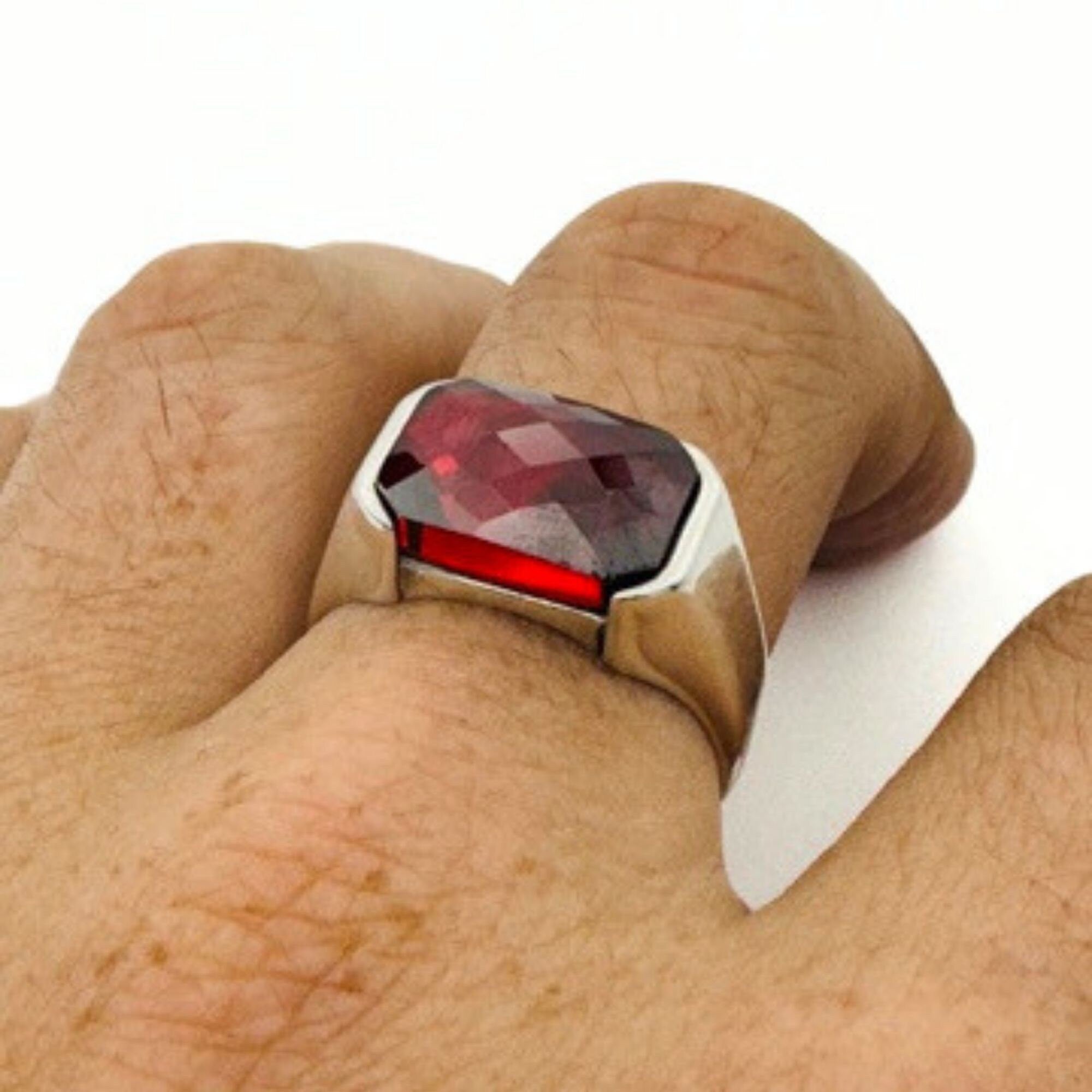 Turkish Handmade Men's 925 Sterling Silver Red Zircon Ring - Minimalist Gift for Him