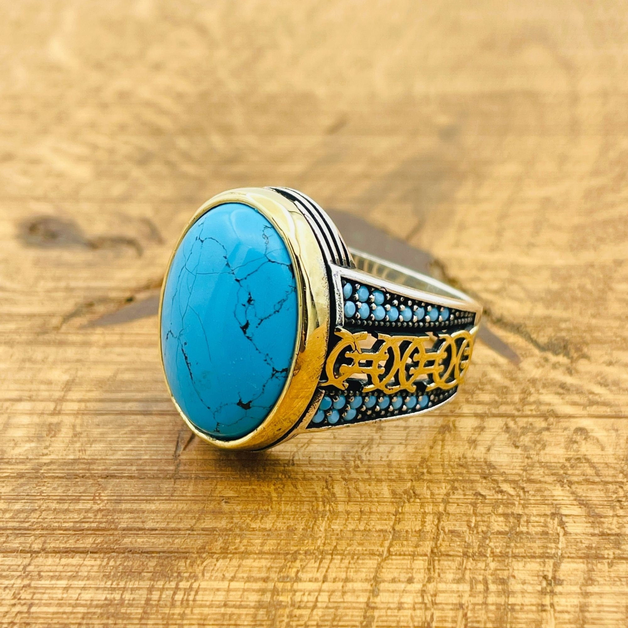 Turkish Handmade Sterling Silver Blue Turquoise Men's Signet Ring - 925 Statement Jewelry Gift