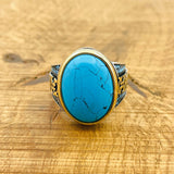 Turkish Handmade Sterling Silver Blue Turquoise Men's Signet Ring - 925 Statement Jewelry Gift