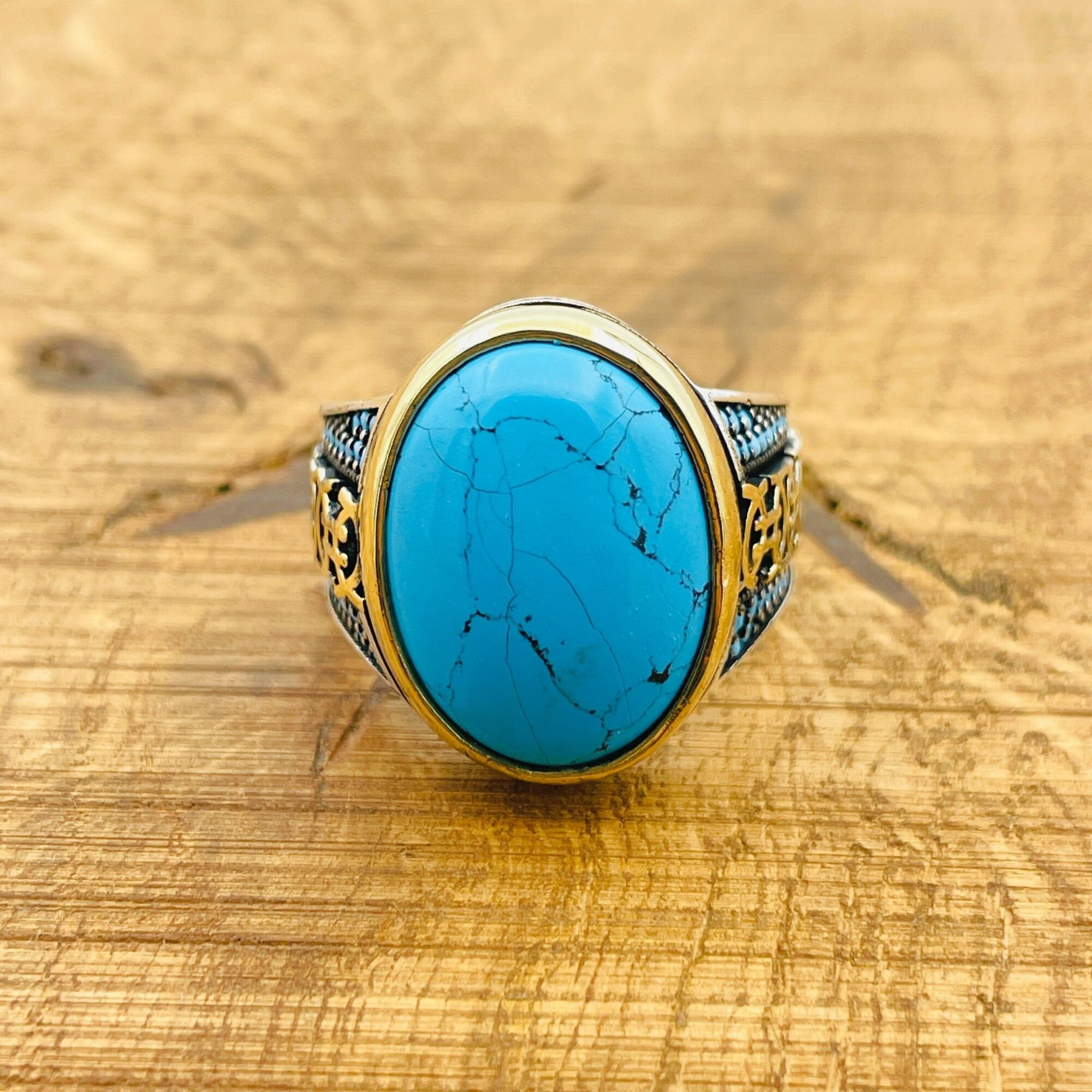 Turkish Handmade Sterling Silver Blue Turquoise Men's Signet Ring - 925 Statement Jewelry Gift