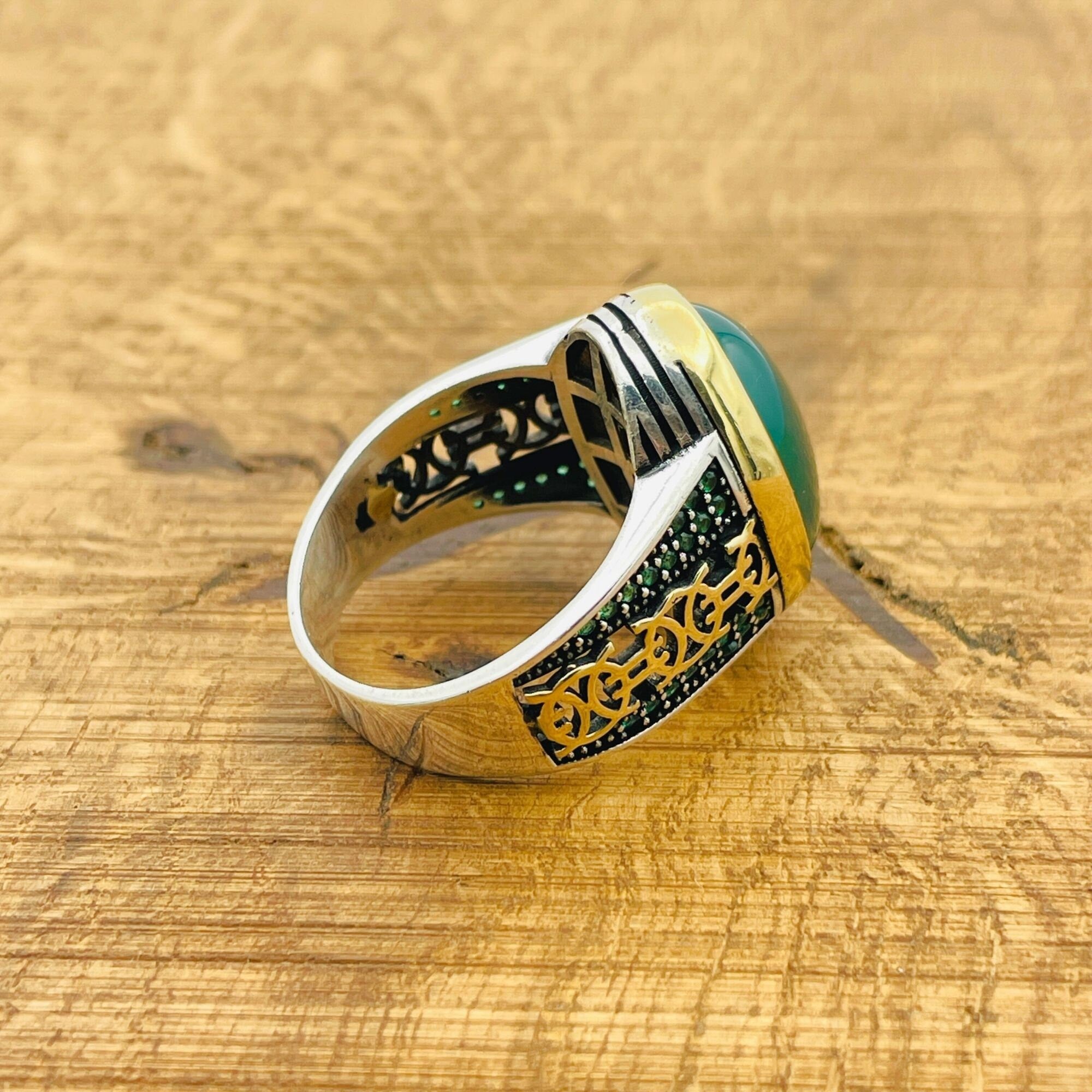 Handcrafted Turkish 925 Sterling Silver Men's Green Agate Signet Ring