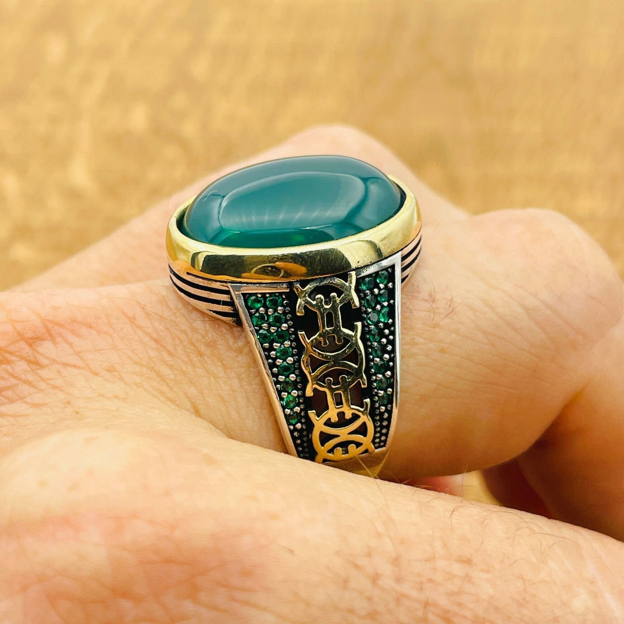 Handcrafted Turkish 925 Sterling Silver Men's Green Agate Signet Ring