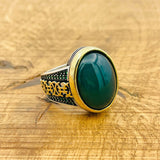 Handcrafted Turkish 925 Sterling Silver Men's Green Agate Signet Ring