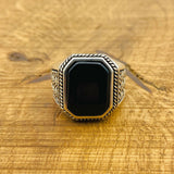 Men's Turkish Handmade 925 Sterling Silver Ring | Natural Black Onyx | Minimalist Square Design | Gift for Him