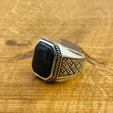 Men's Turkish Handmade 925 Sterling Silver Ring | Natural Black Onyx | Minimalist Square Design | Gift for Him