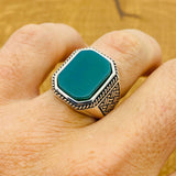 Men's Turkish Handmade 925 Sterling Silver Green Agate Ring | Unique Square Gemstone Gift for Him