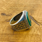Men's Turkish Handmade 925 Sterling Silver Green Agate Ring | Unique Square Gemstone Gift for Him