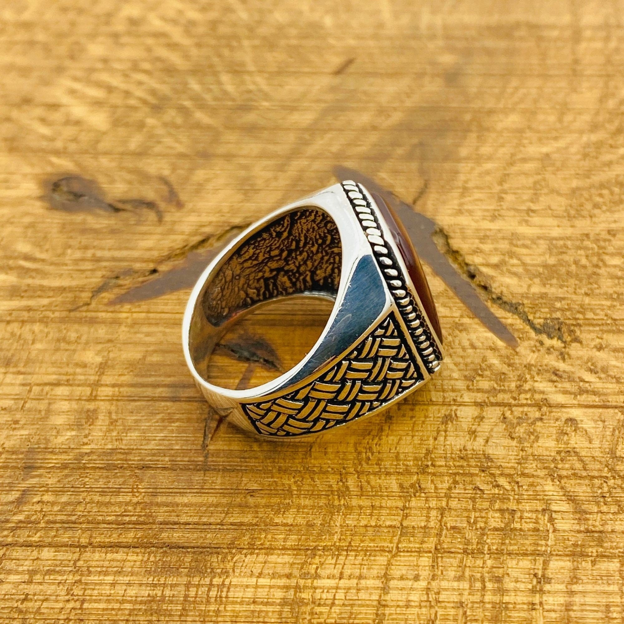 خاتم فضة استرلينية 925 مرصع بعقيق أحمر مصنوع يدوياً للرجال - مجوهرات حجر كريم تركية الصنع