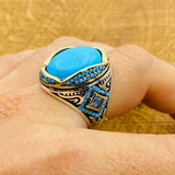 Handmade Turkish Men's Natural Turquoise 925 Sterling Silver Statement Ring