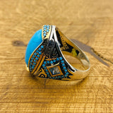 Handmade Turkish Men's Natural Turquoise 925 Sterling Silver Statement Ring