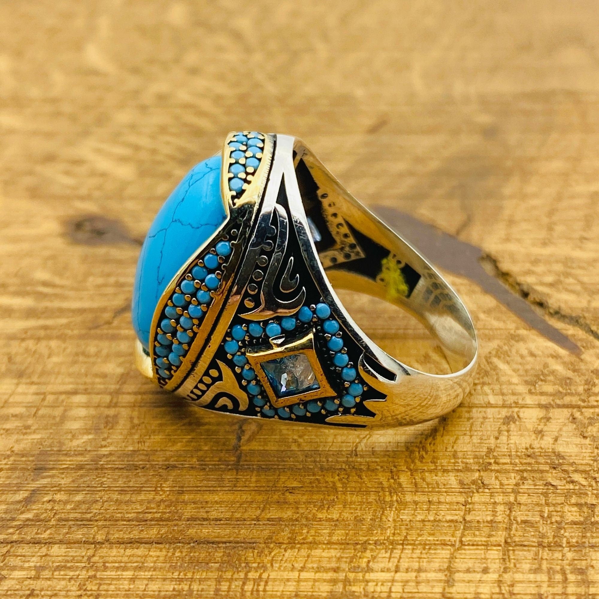 Handmade Turkish Men's Natural Turquoise 925 Sterling Silver Statement Ring