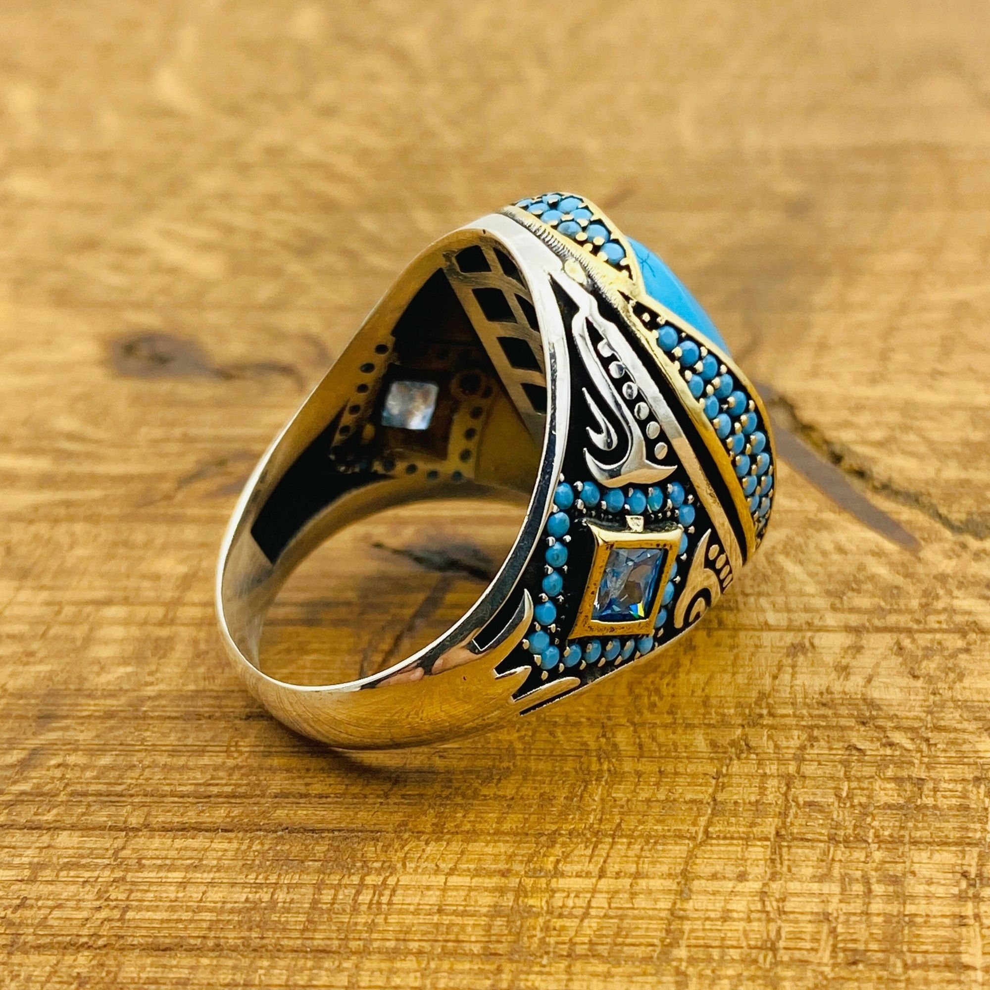 Handmade Turkish Men's Natural Turquoise 925 Sterling Silver Statement Ring