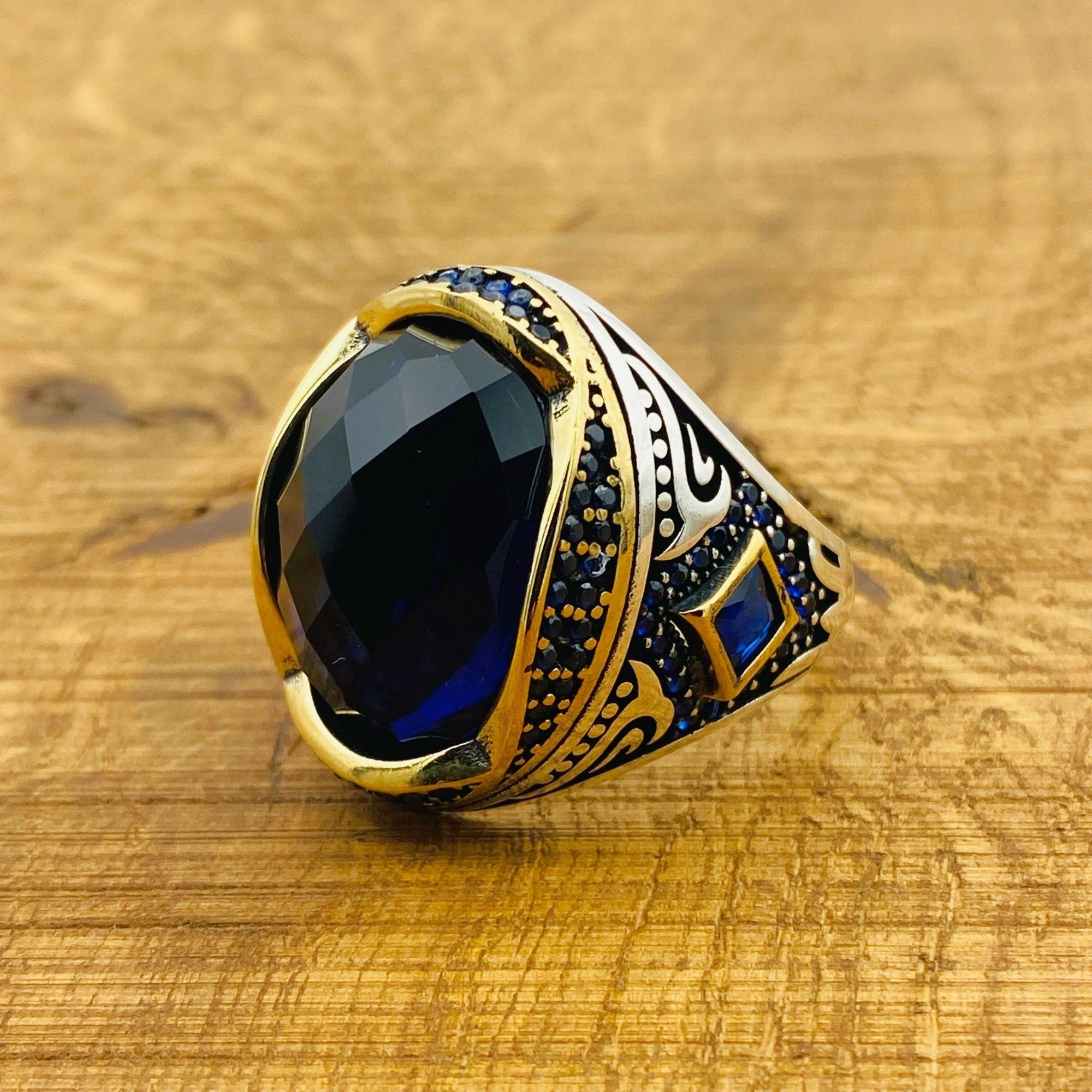Handcrafted Men's Ottoman Style 925 Sterling Silver Ring with Vibrant Blue Zircon Gemstone