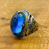 Men's Handcrafted Turkish Ottoman Blue Zircon 925 Sterling Silver Ring - Unique Gift for Him