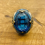 Men's Handcrafted Turkish Ottoman Blue Zircon 925 Sterling Silver Ring - Unique Gift for Him