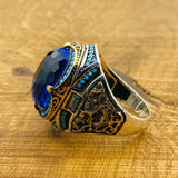Men's Handcrafted Turkish Ottoman Blue Zircon 925 Sterling Silver Ring - Unique Gift for Him