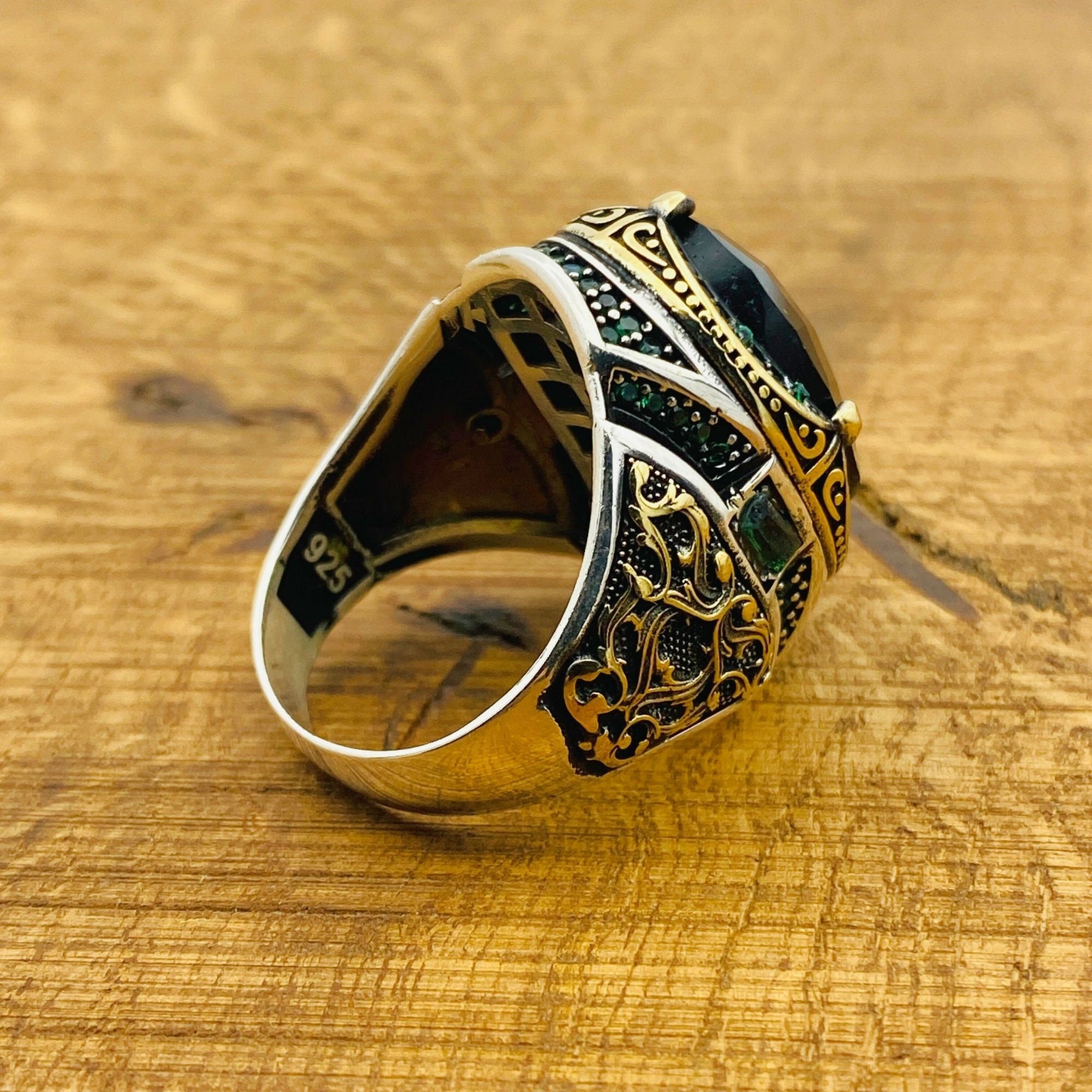 Handcrafted Men's Green Zircon 925 Sterling Silver Ottoman Ring | Unique Gift for Him