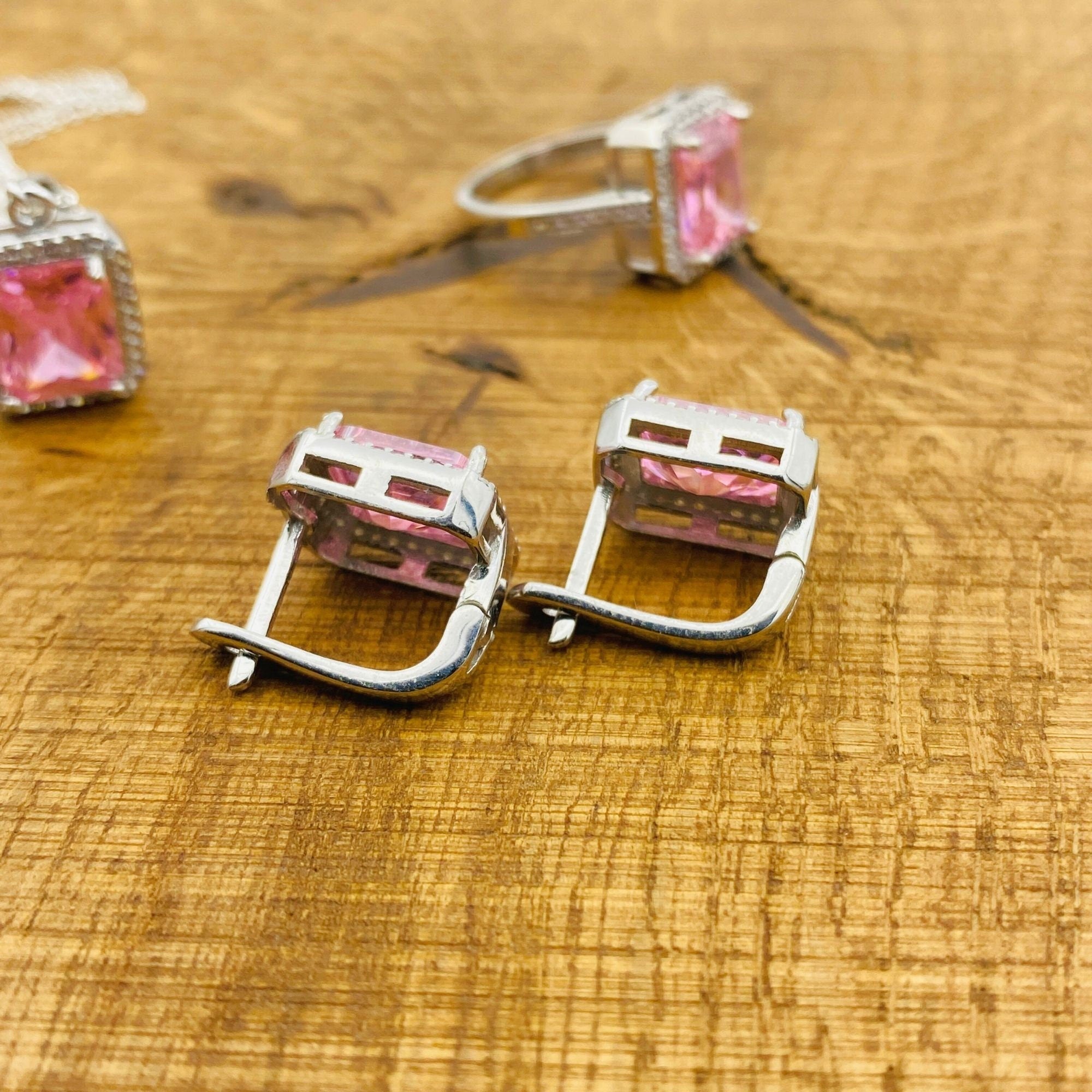 여성용 수제 925 스털링 실버 핑크 모거나이트 쥬얼리 세트 - 반지, 목걸이 및 귀걸이 선물