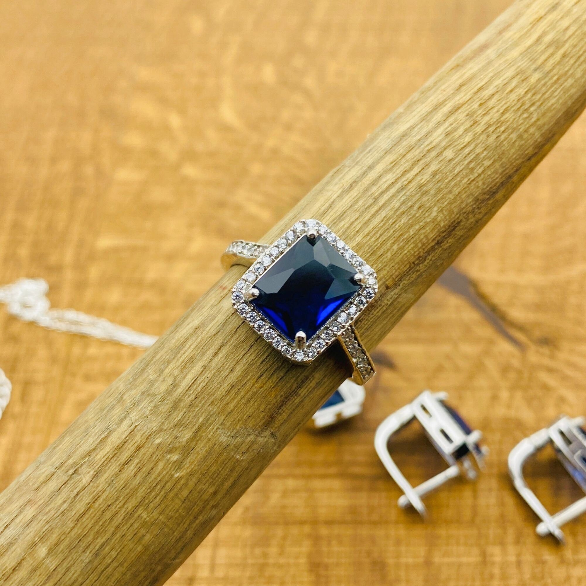 여성 수제 터키 925 스털링 실버 사파이어 주얼리 세트 - 목걸이, 귀걸이 및 반지