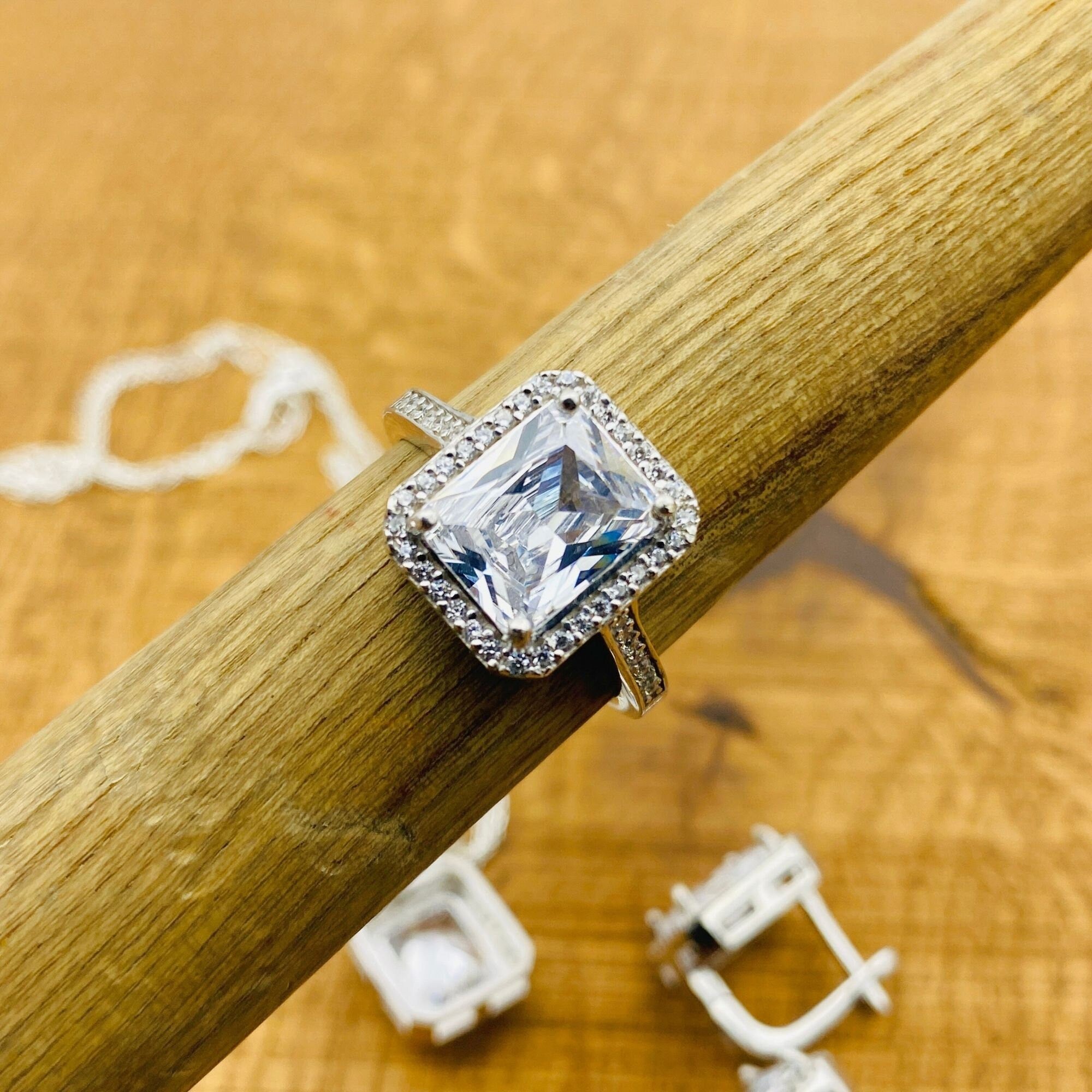 터키 수제 925 스털링 실버 화이트 지르콘 쥬얼리 세트 - 목걸이, 반지 및 귀걸이