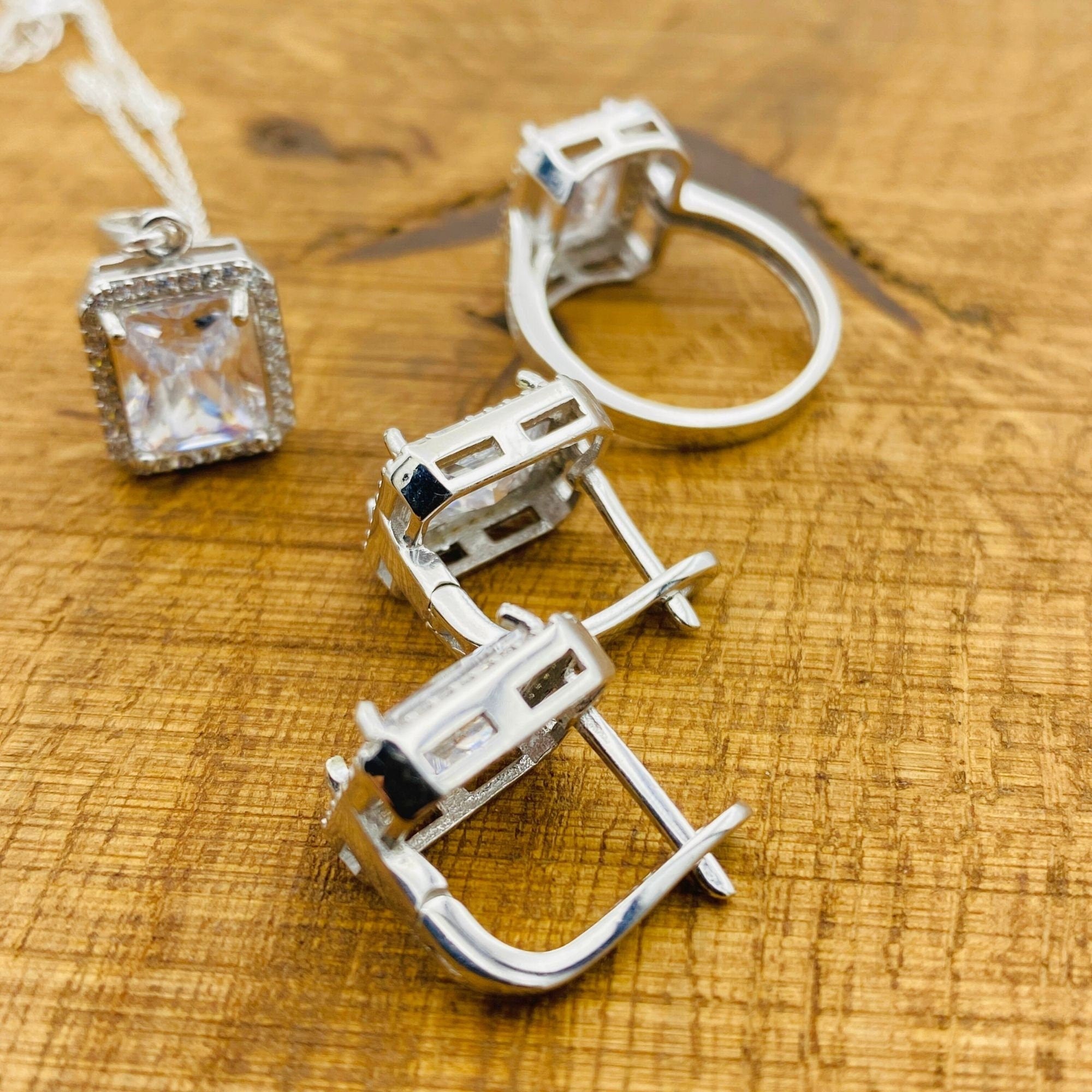 터키 수제 925 스털링 실버 화이트 지르콘 쥬얼리 세트 - 목걸이, 반지 및 귀걸이