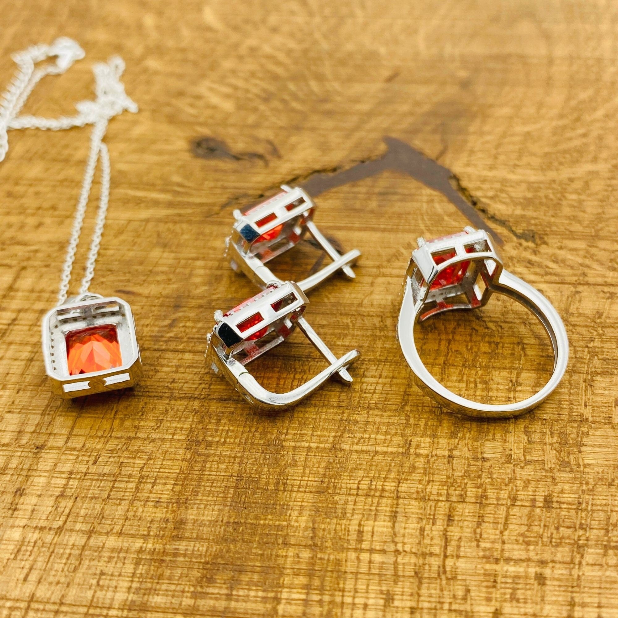 터키 수제 925 스털링 실버 가넷 쥬얼리 세트 - 여성용 반지, 목걸이 및 귀걸이