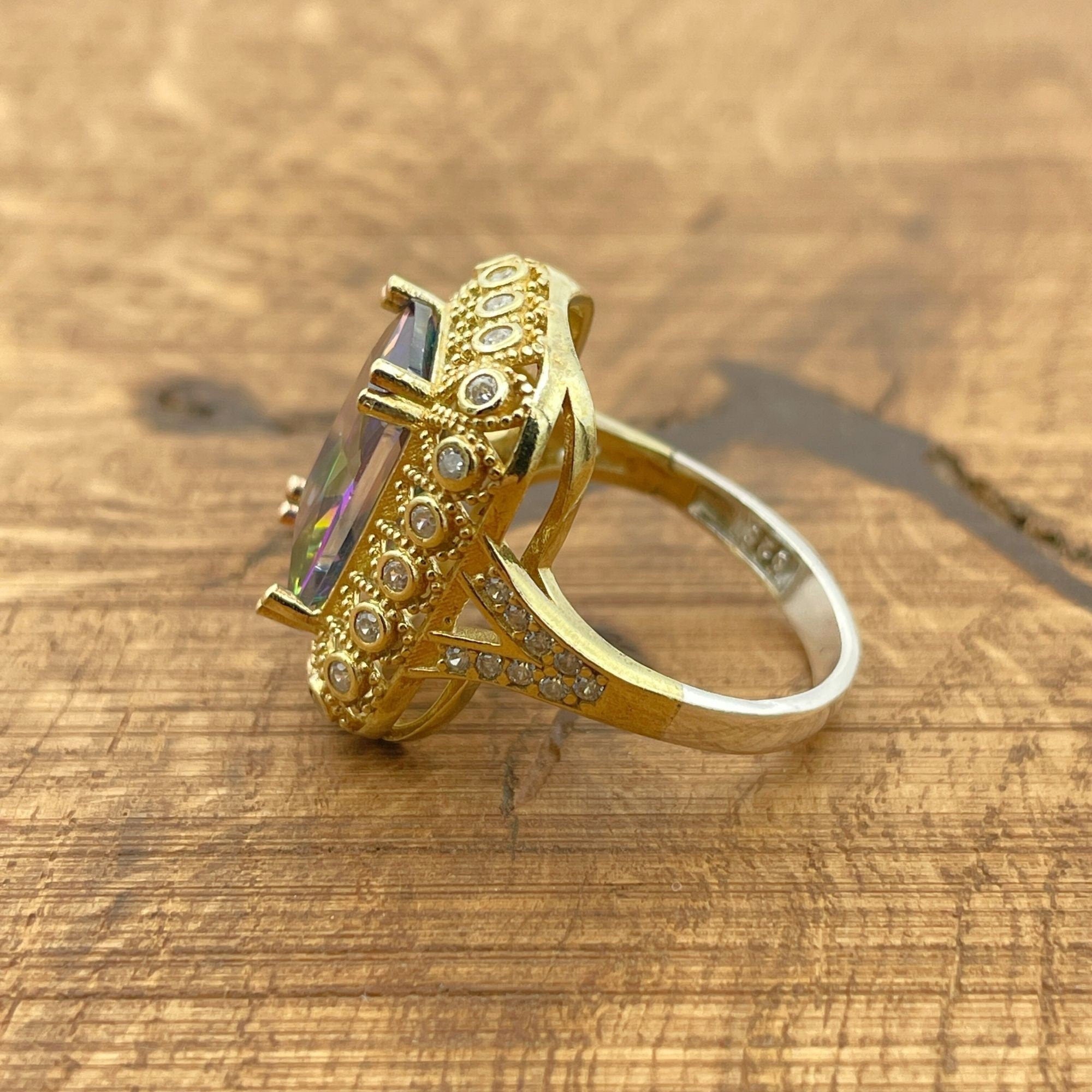 Elegant Multi-Color Mystic Topaz Gold-Plated 925 Sterling Silver Ring for Women