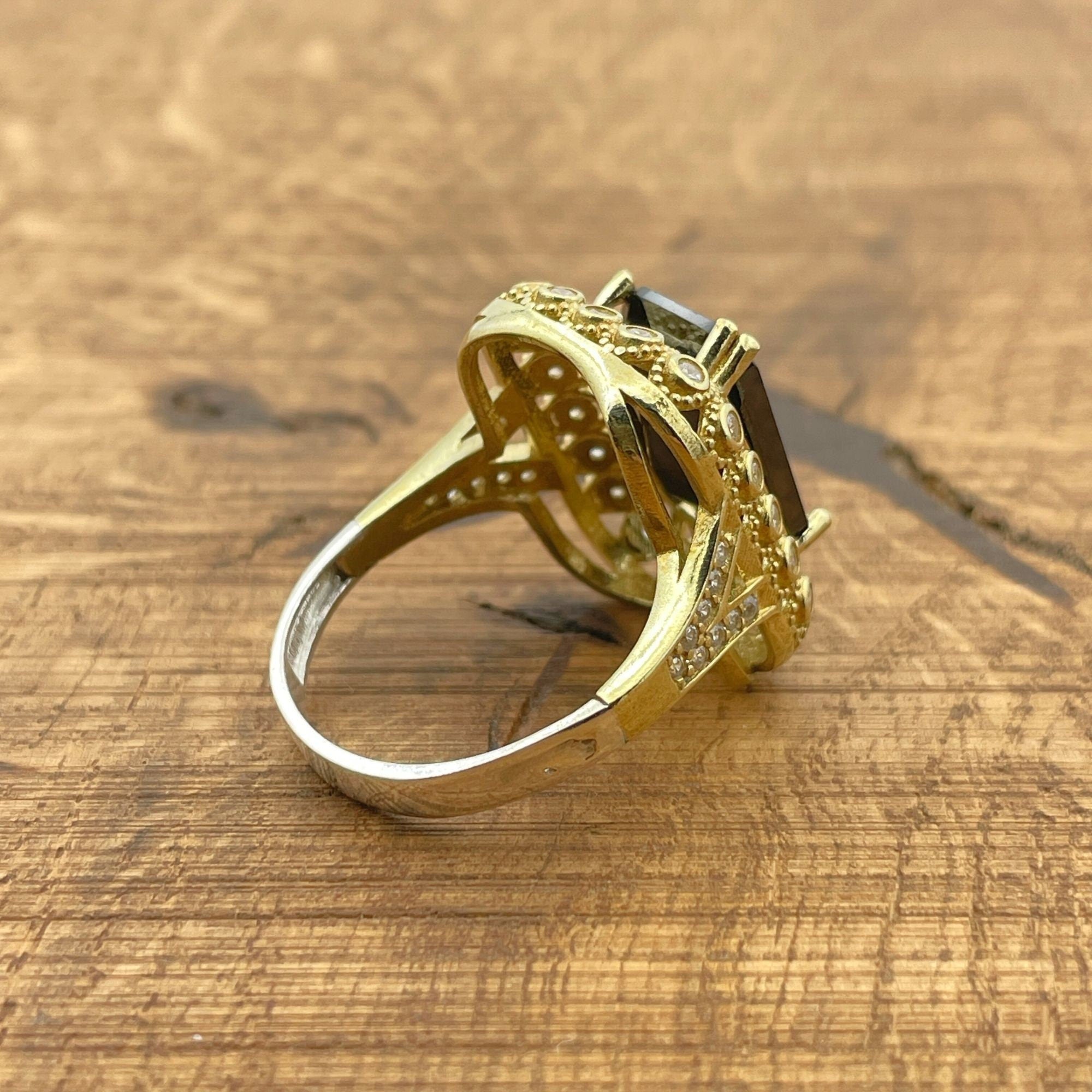 خاتم أنيق تركي يدوي الصنع من العقيق الأسود مطلي بالذهب فضة استرلينية 925 للنساء