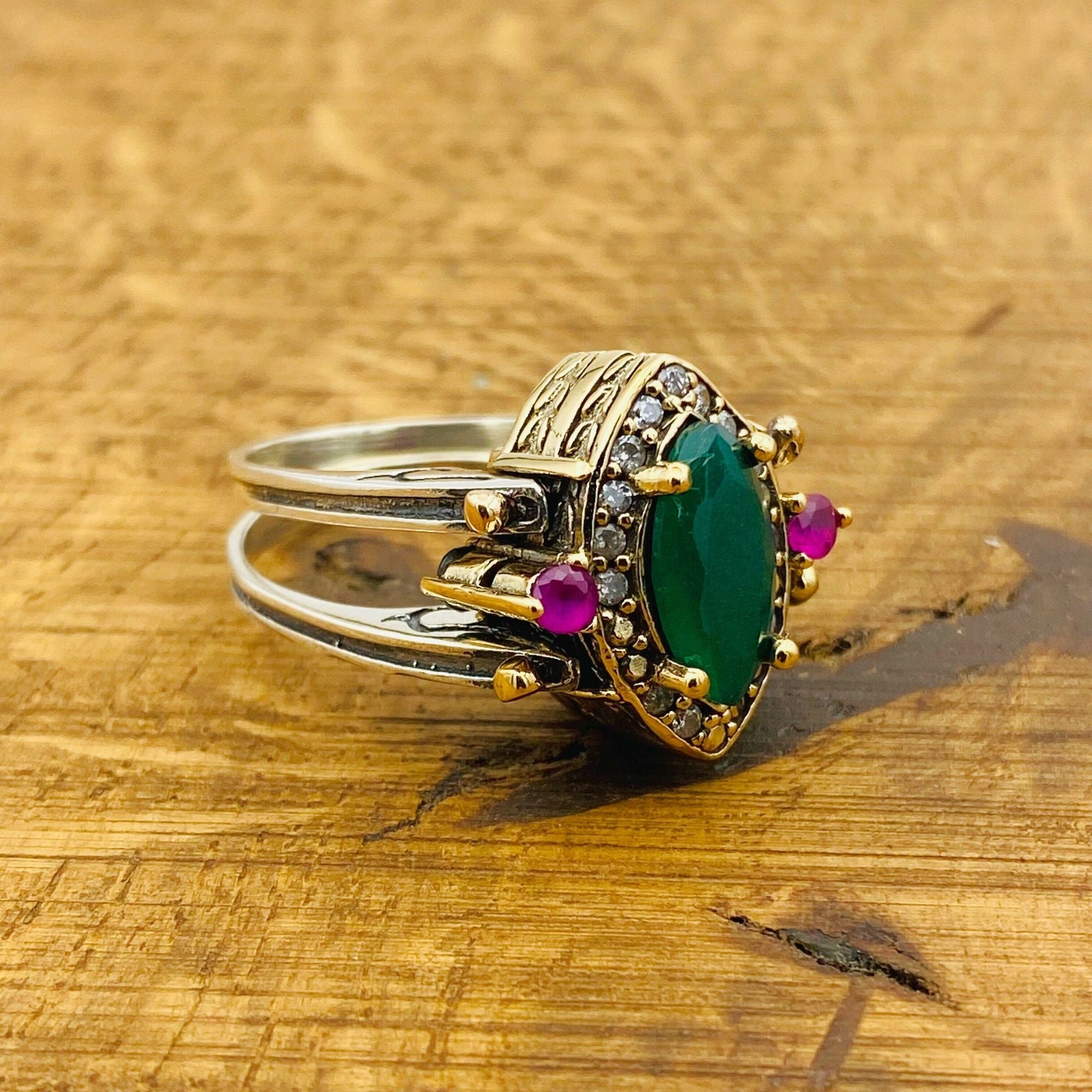 Handmade Reversible Emerald & Ruby Ring - 925 Sterling Silver Multi-Stone Women's Jewelry Gift