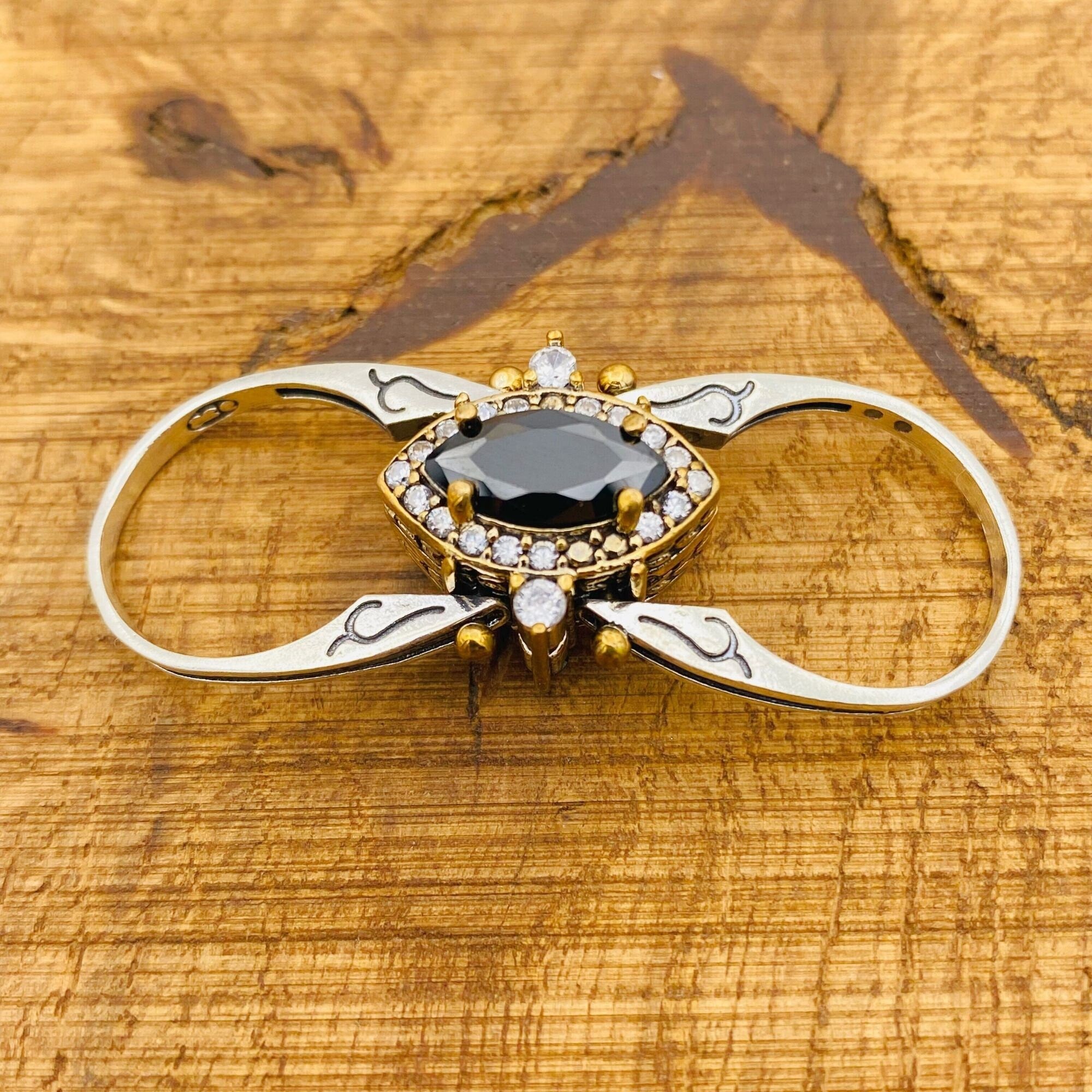 925 Sterling Silver Reversible Citrine & Onyx Gemstone Ring - Dual-Sided Versatile Design