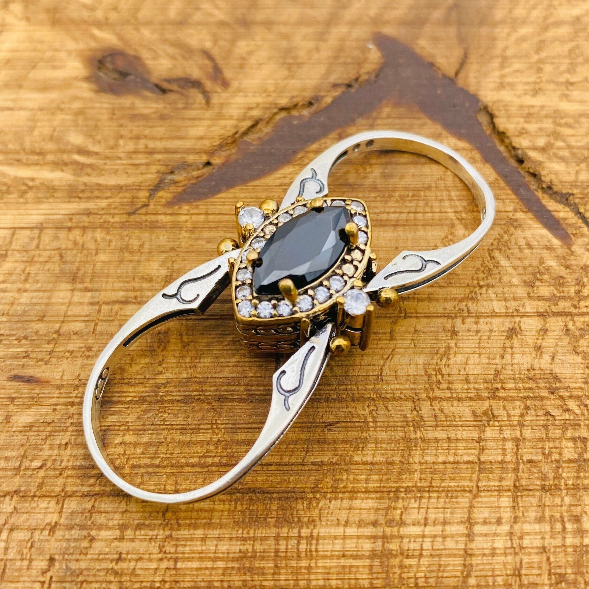 925 Sterling Silver Reversible Citrine & Onyx Gemstone Ring - Dual-Sided Versatile Design