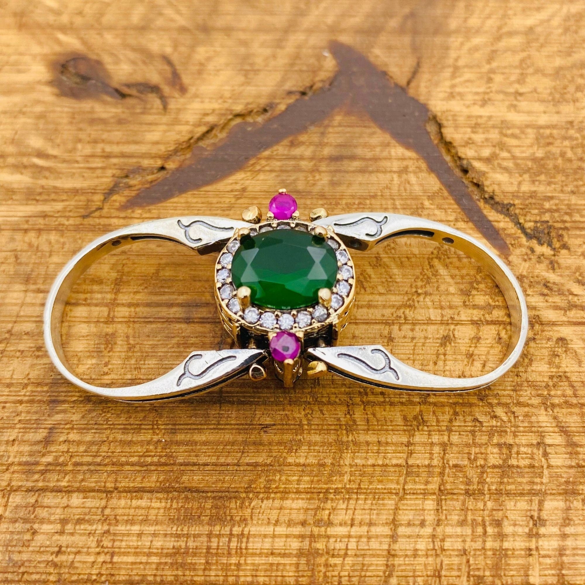 Reversible Emerald & Ruby Ring - Handcrafted 925K Sterling Silver Multi-Stone Oval Gemstone Jewelry