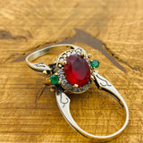 Reversible Emerald & Ruby Ring - Handcrafted 925K Sterling Silver Multi-Stone Oval Gemstone Jewelry