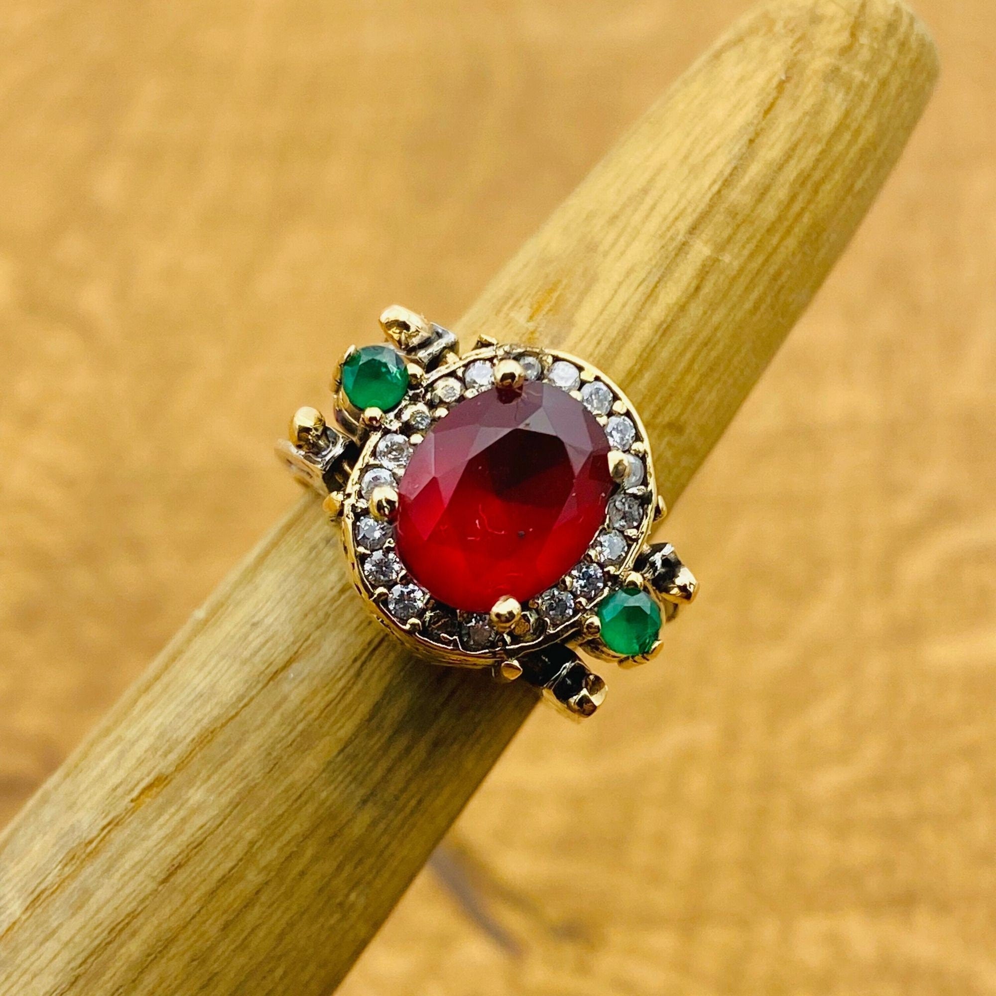 Reversible Emerald & Ruby Ring - Handcrafted 925K Sterling Silver Multi-Stone Oval Gemstone Jewelry
