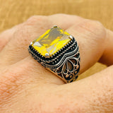Men's Handmade Sterling Silver Citrine Ring | Square Gemstone Turkish Artisan Jewelry
