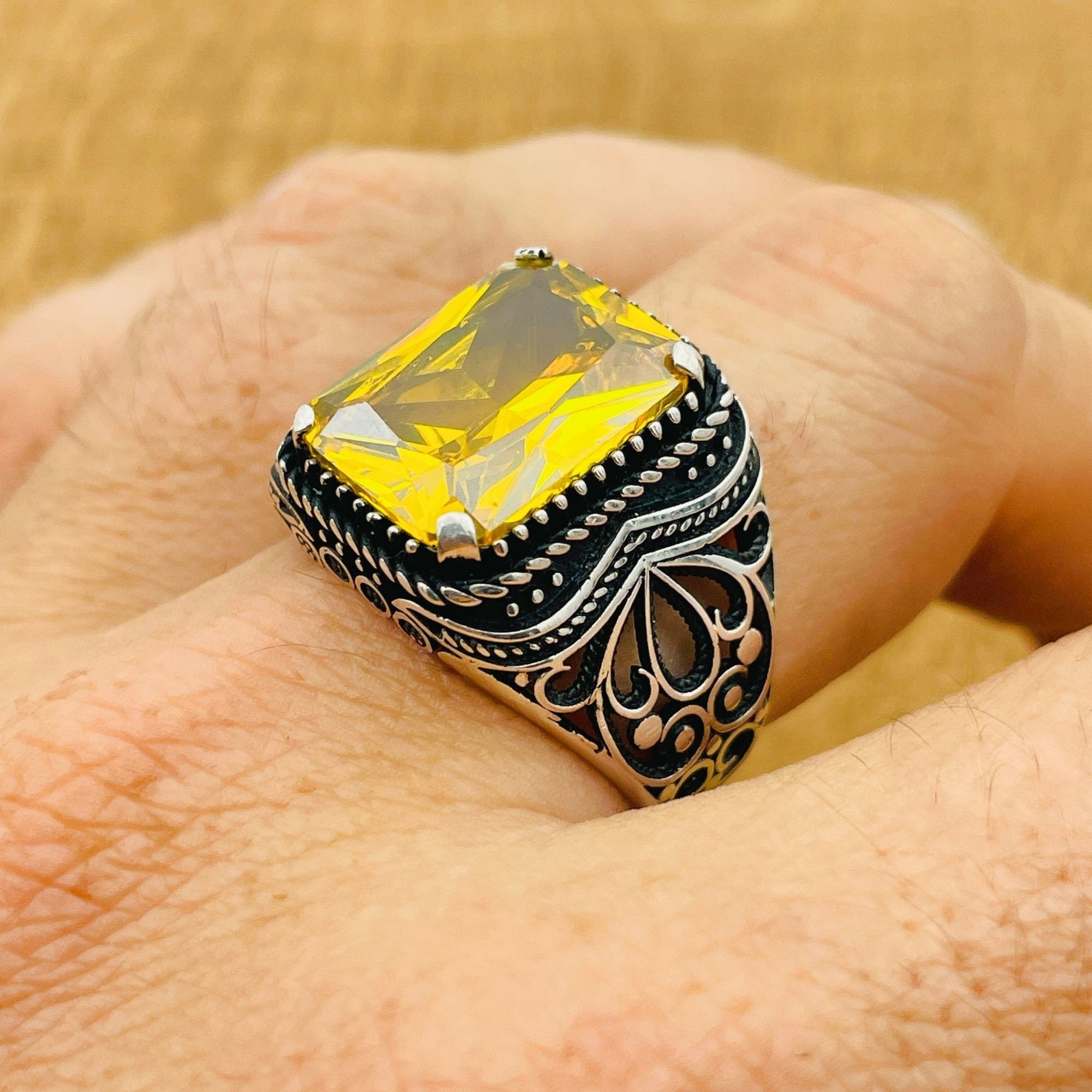 Men's Handmade Sterling Silver Citrine Ring | Square Gemstone Turkish Artisan Jewelry