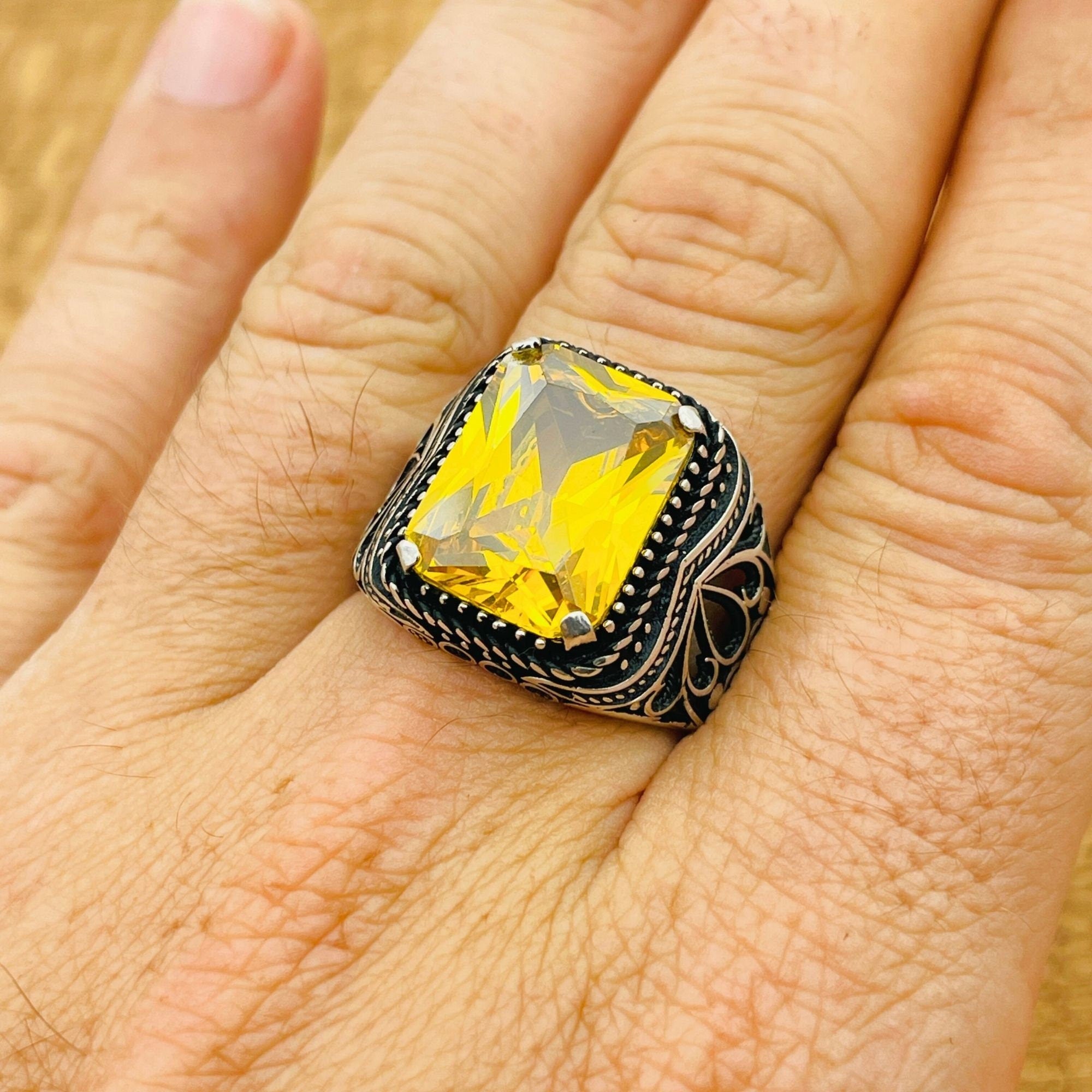 Men's Handmade Sterling Silver Citrine Ring | Square Gemstone Turkish Artisan Jewelry