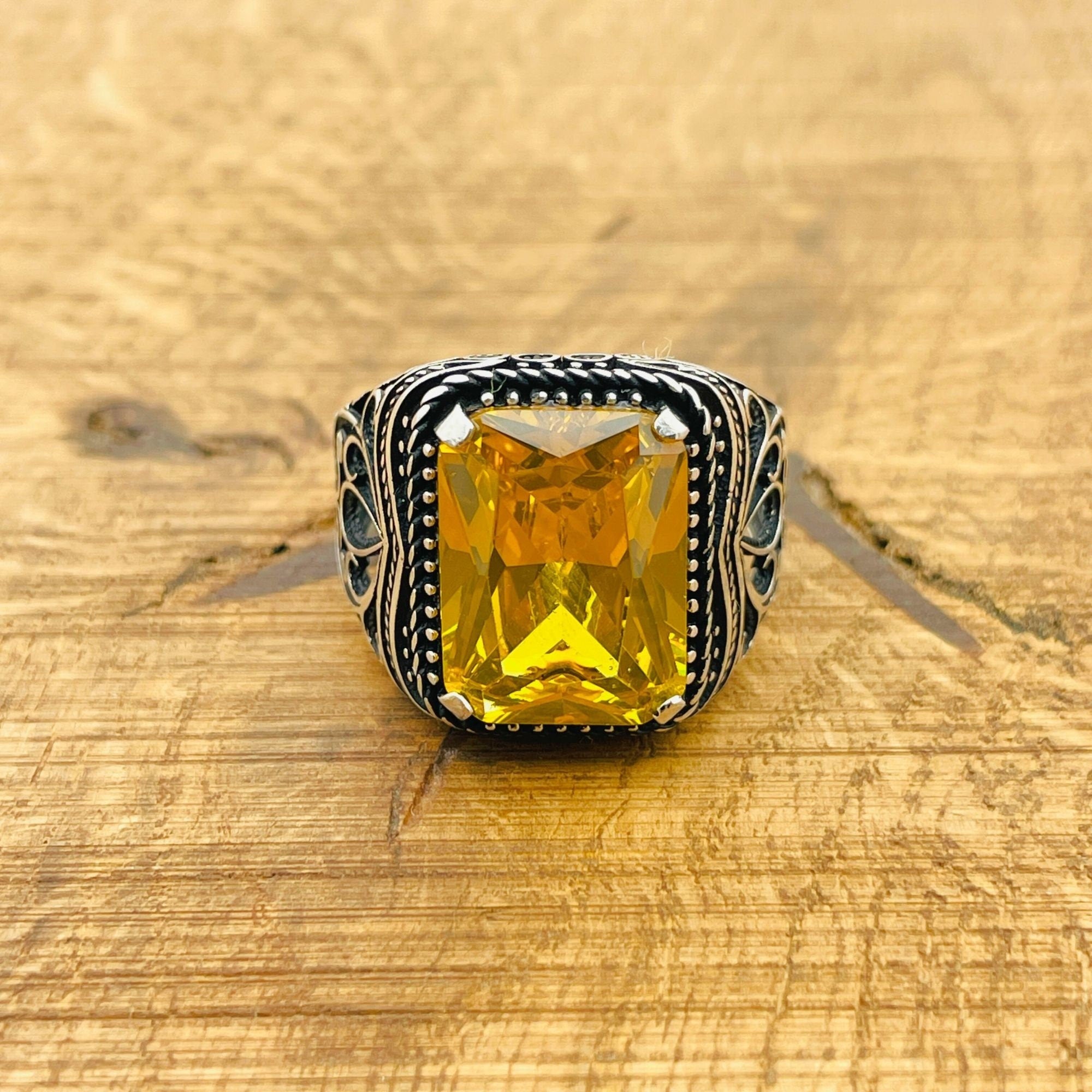 Men's Handmade Sterling Silver Citrine Ring | Square Gemstone Turkish Artisan Jewelry